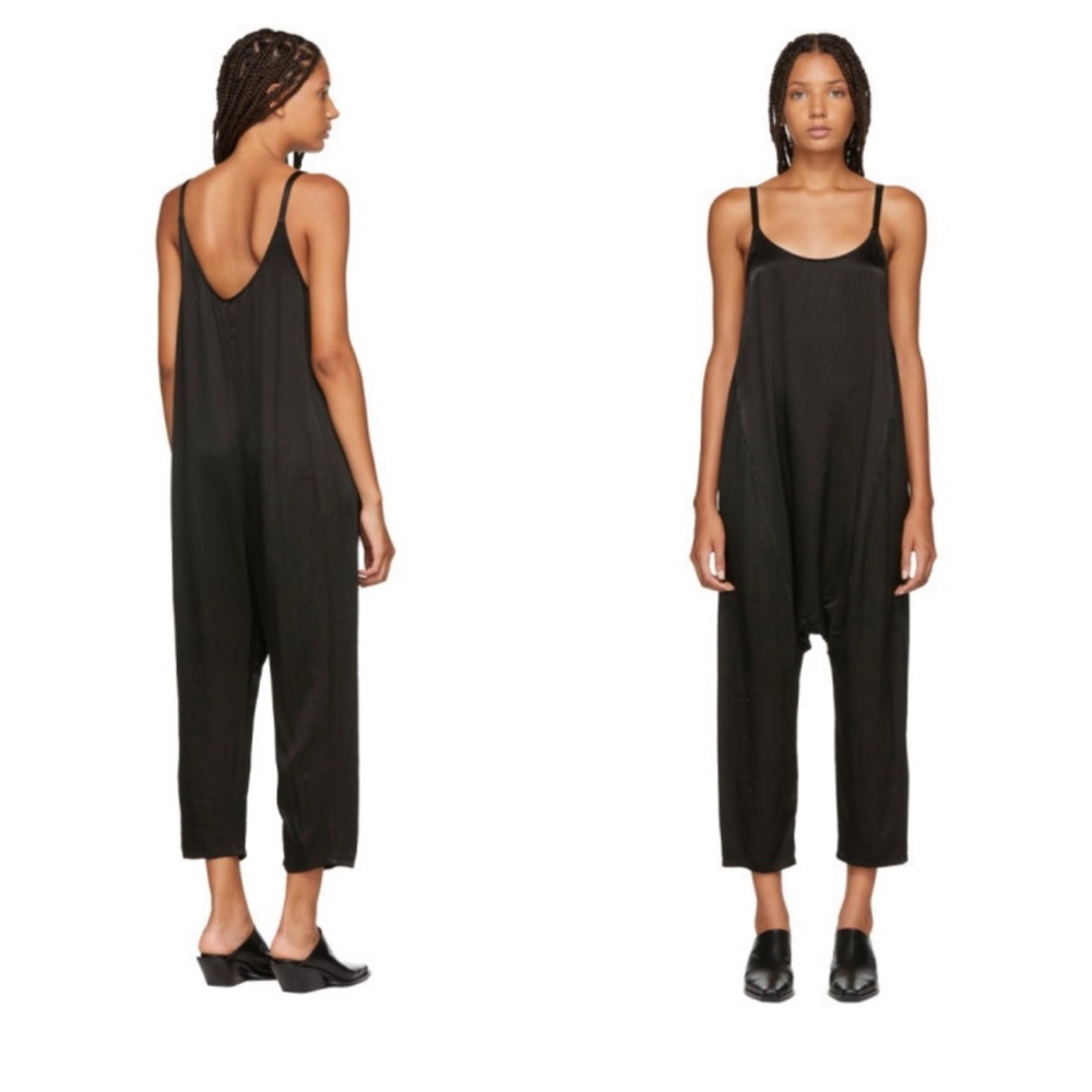Raquel Allegra Black Satin Dropped Inseam Jumpsuit M